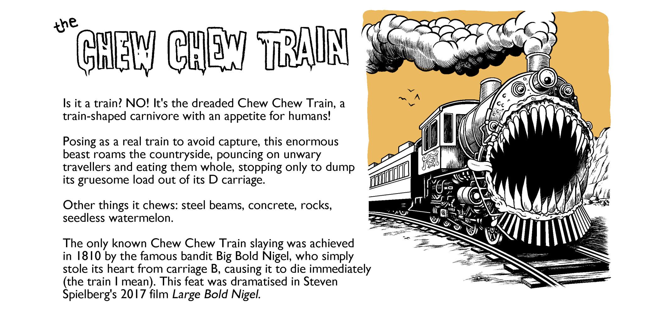 A drawing of The Chew Chew Train, a train-shaped carnivore with an appetite for humans.