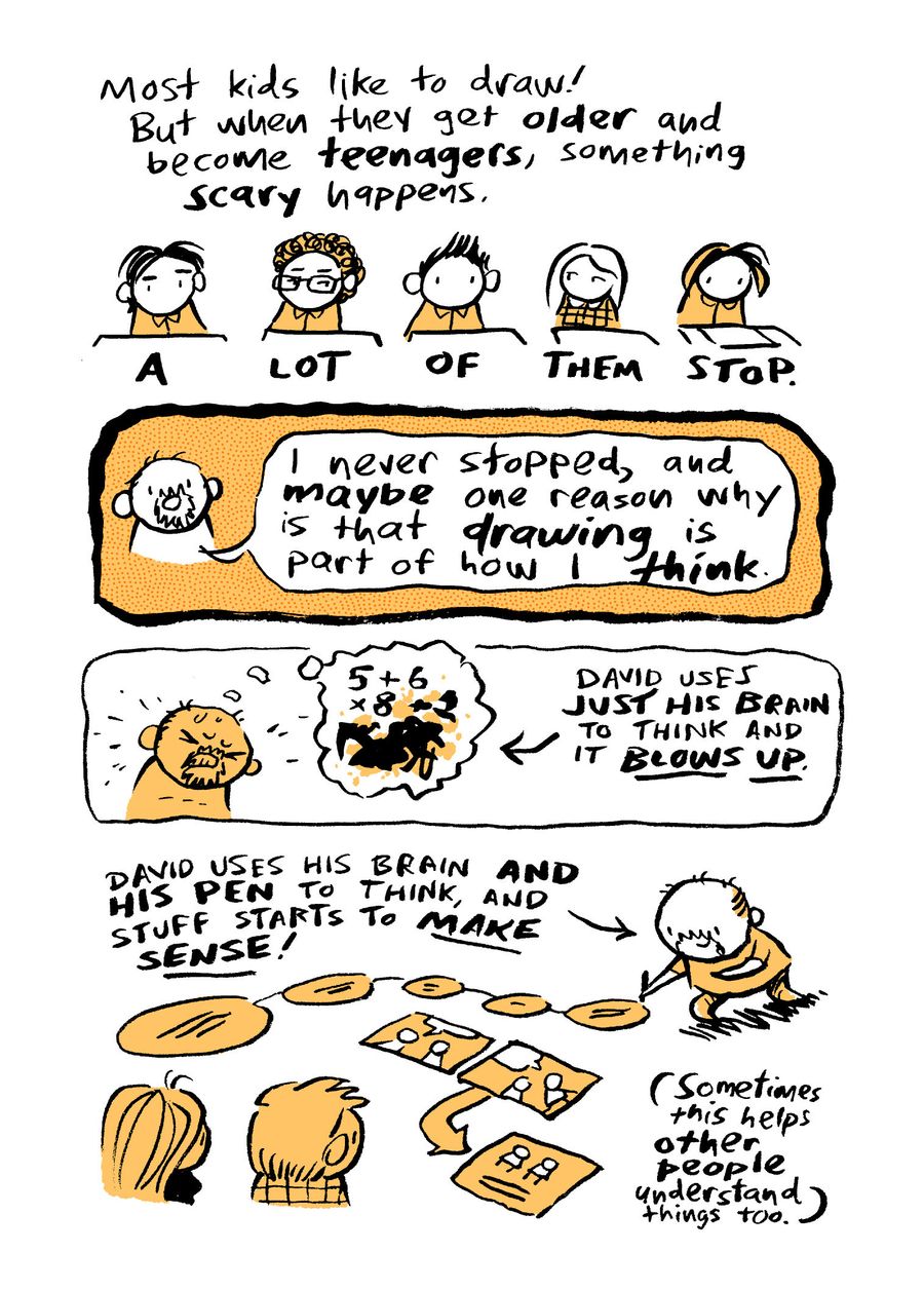 Comics about how kids eventually stop drawing, and why David still does.