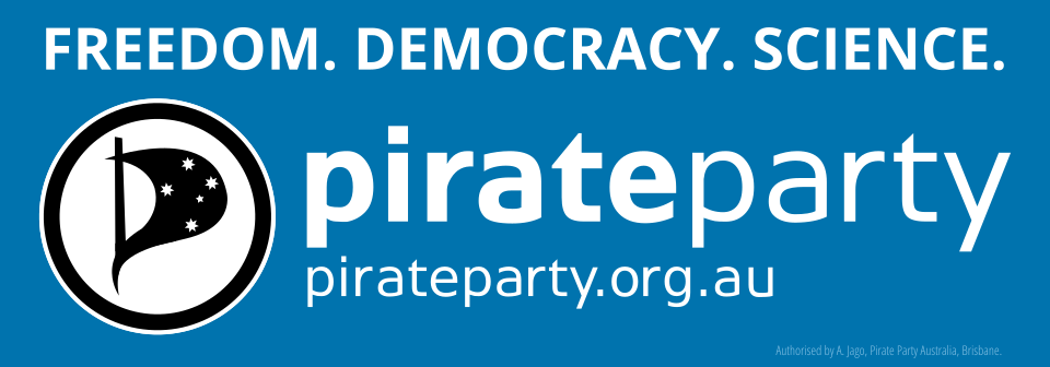 sticker with the Pirate Party Australia logo and the slogan "Freedom. Democracy. Science."