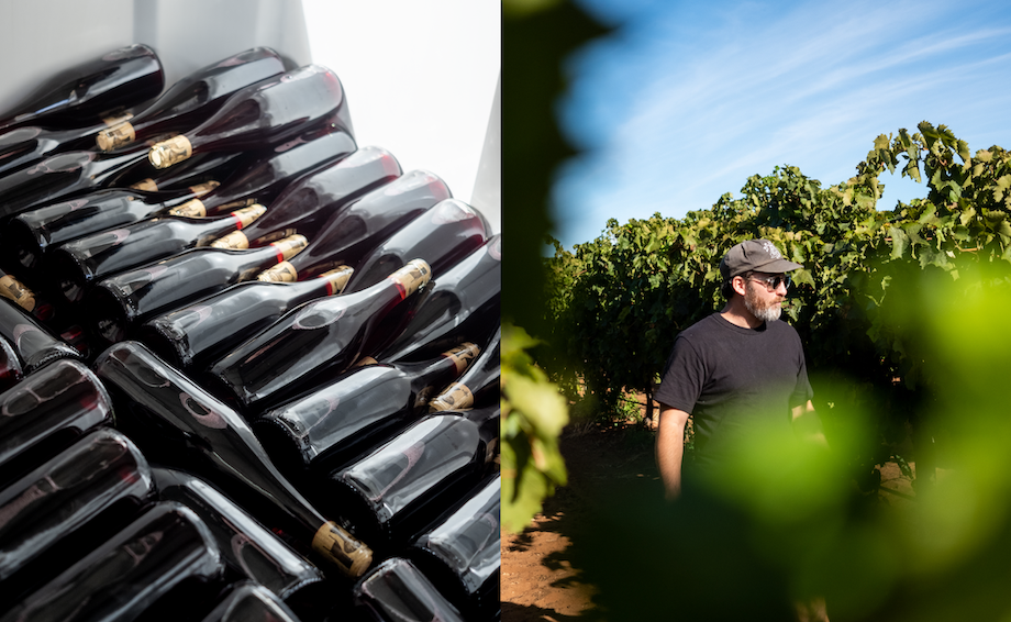 Left: An image of unlabelled red wine bottles. Right: Jimmy standing in a sunny vineyard.