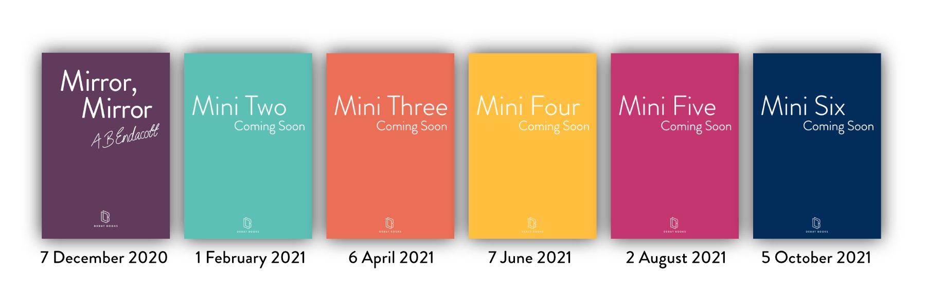 A visual representation of the six book Mini Collection. Each book represents the six brand colours of Debut Books. 