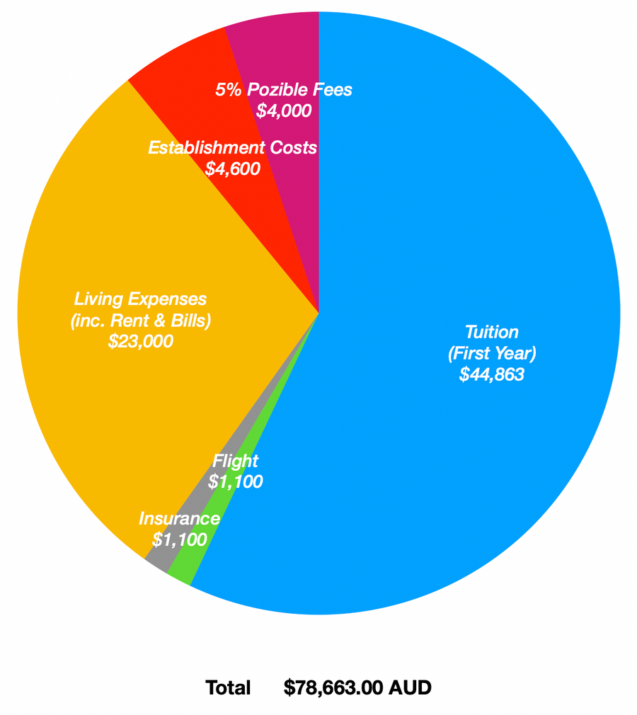A pie chart showing first year tuition costs forty four thousand eight hundred and sixty three dollars. Flight costs one thousand one hundred dollars. Insurance costs one thousand one hundred dollars. Living expenses including rent and bills cost twenty three thousand dollars. Establishment costs four thousand six hundred dollars and 5% Pozible fees cost four thousand dollars. Total costs are seventy eight thousand six hundred and sixty three dollars