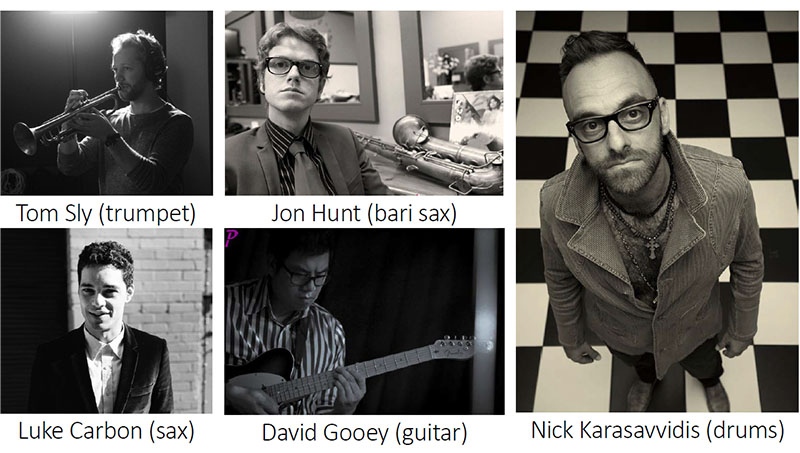 Photos of Tom Sly (trumpet), Jon Hunt (bari sax), Luke Carbon (sax), David Gooey (guitar) and Nick Karasavvidis (drums)